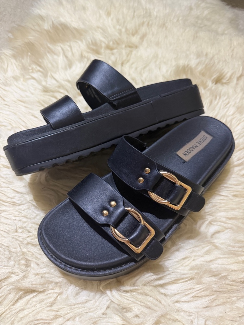 Steve Madden Black Slide Sandals with Gold Buckle Accents